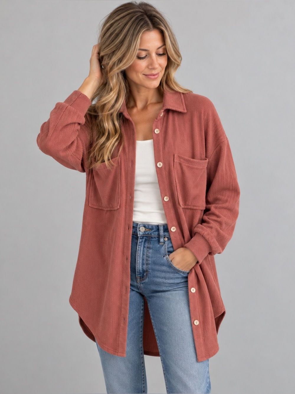 Jen & Co Edith Mauve Oversized Ribbed Knit Shirt S/M NWT